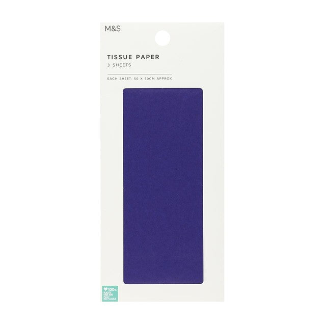 M&S blue tissue paper 3 sheets 50cm x 70cm, imported from the UK