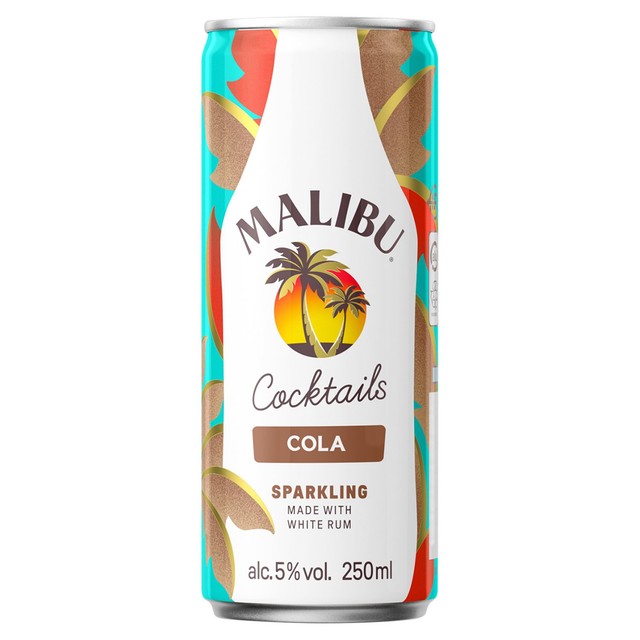 Malibu Coconut Rum & Cola cocktail can 25cl, imported from the UK