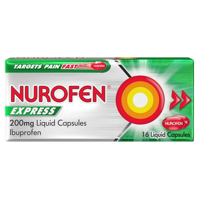 Nurofen Express Ibuprofen 200mg liquid capsules 16 pack, imported from the UK