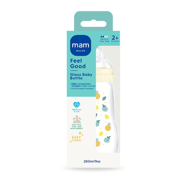 MAM Feel Good Glass Baby Bottle 260ml, imported from the UK