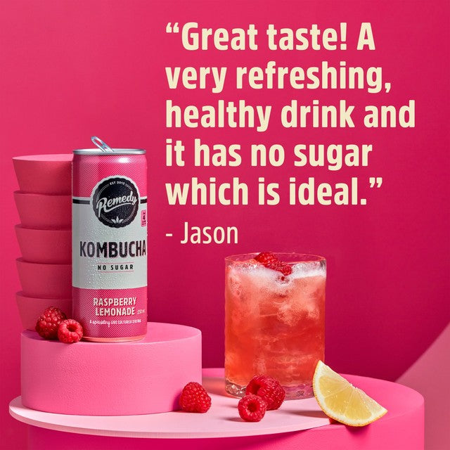 Remedy Kombucha Raspberry Lemonade 4 x 330ml, imported from the UK