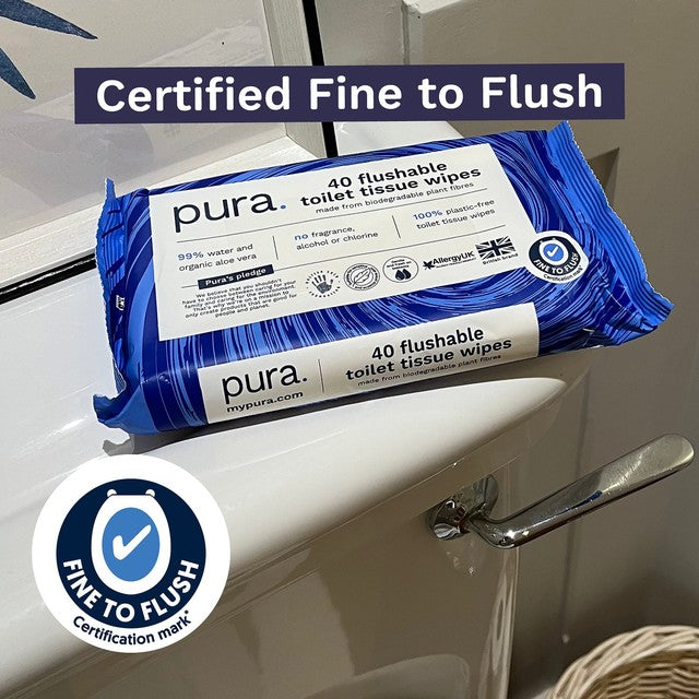 Pura Flushable Toilet Wipes 40 Pack, imported from the UK