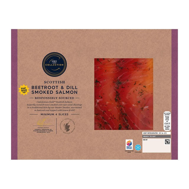 M&S Beetroot & Dill Smoked Salmon Slices 100g, imported from the UK