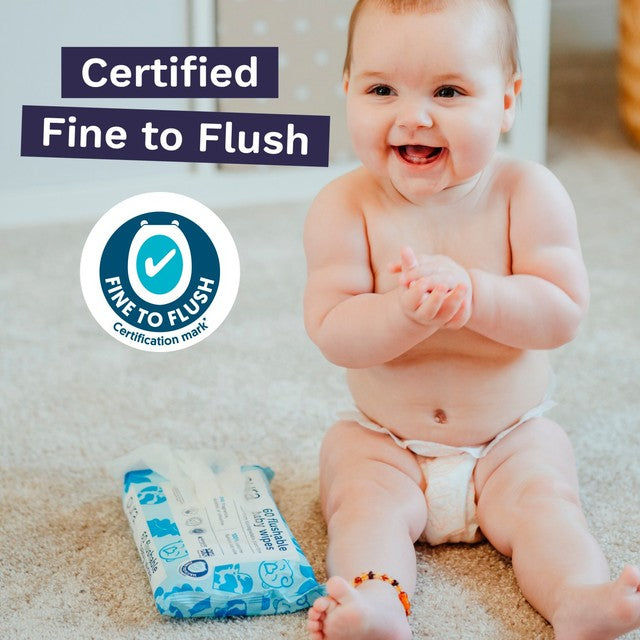 Pura plastic free flushable baby wipes 60pk, imported from the UK