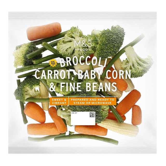 M&S Broccoli Carrot Baby Corn Green Beans 320g, imported from the UK