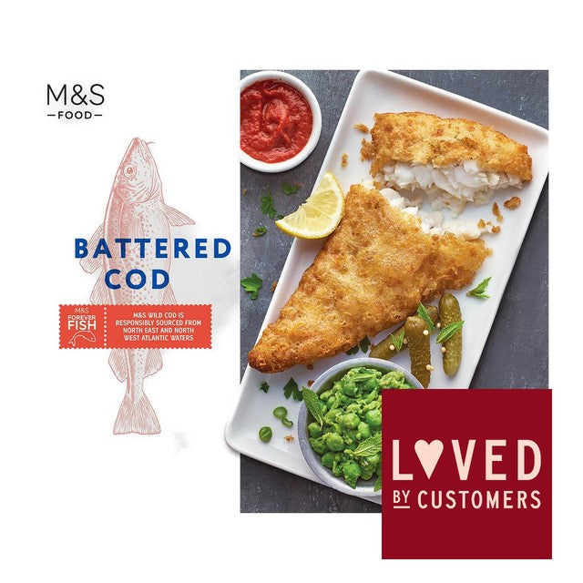 M&S battered cod fillets frozen 500g, imported from the UK
