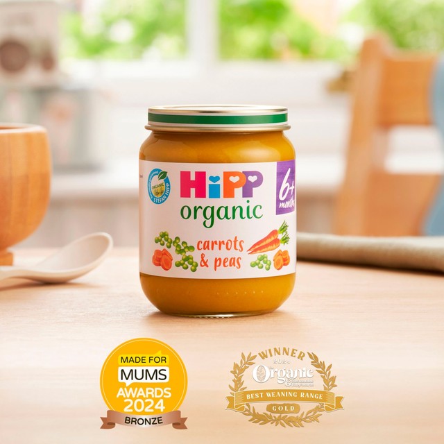 HiPP Organic carrots and peas baby food jar 125g, UK version