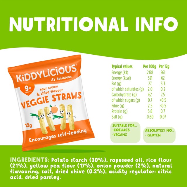 Kiddylicious Sour Cream & Chive Veggie Straws 4x12g, UK version