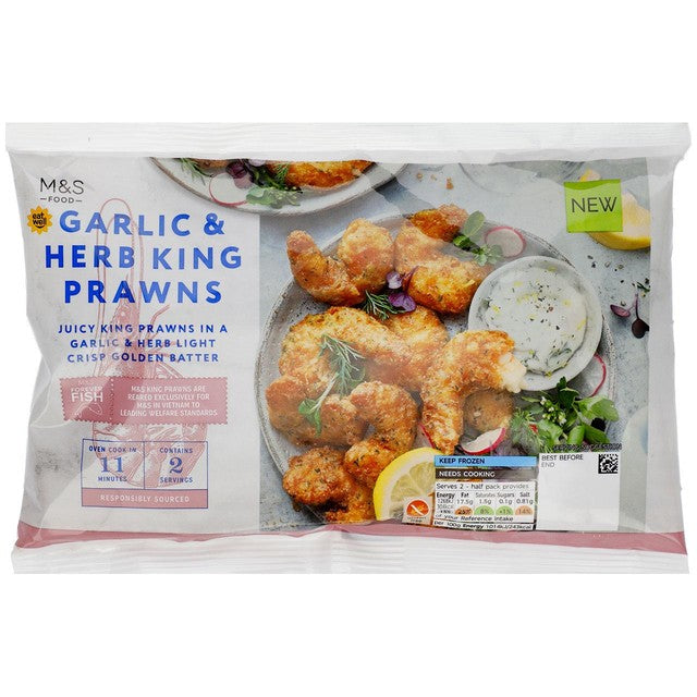 M&S garlic and herb king prawns 250g, imported from the UK