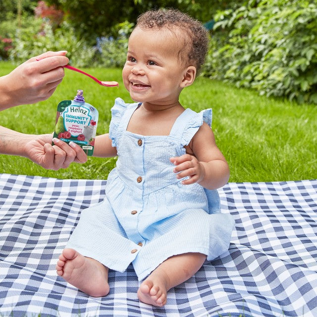Heinz baby food pouches pear raspberry yogurt 85g, UK version