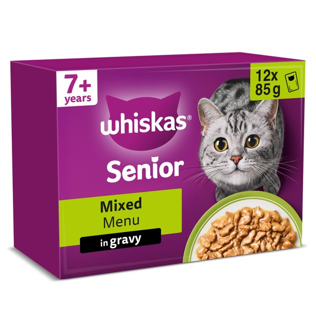 Whiskas senior cat food mixed menu gravy pouches 12x85g (British brand)