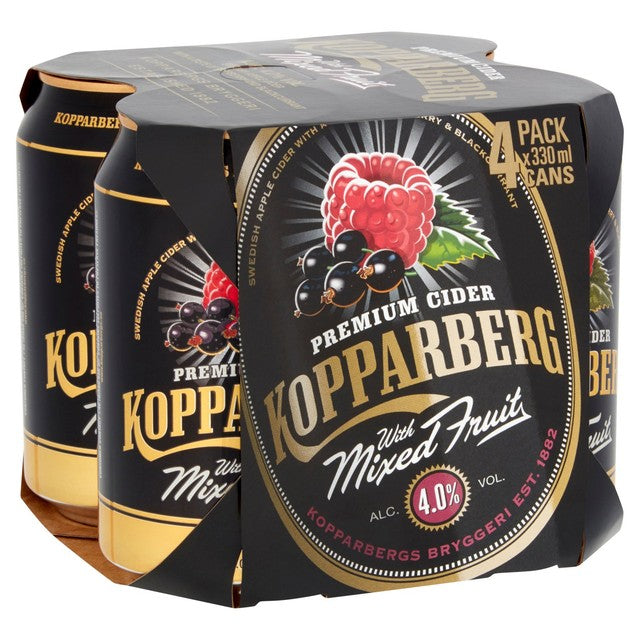 Kopparberg Mixed Fruit Cider with raspberry and blackcurrant flavour in 4 x 330ml cans, UK version
