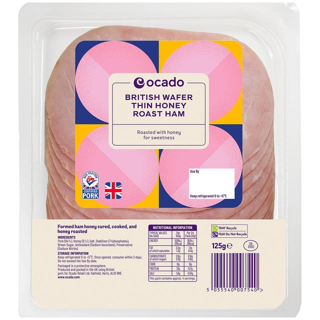 Ocado honey roast wafer thin ham 125g, imported from the UK