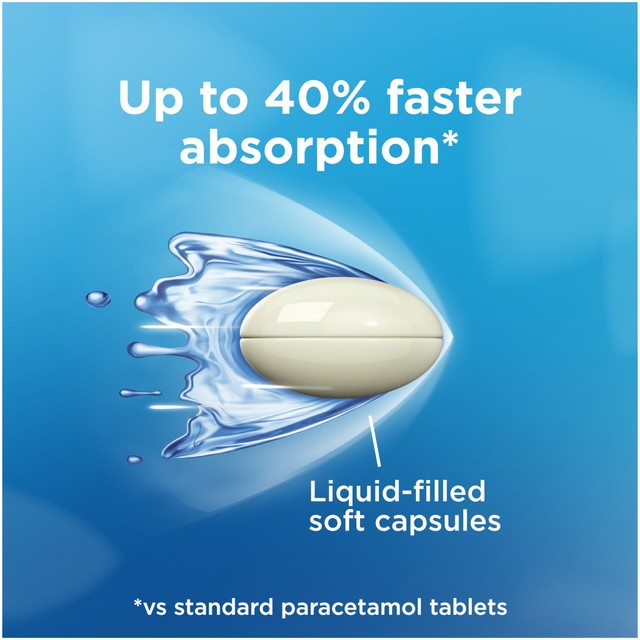Panadol Paracetamol 500mg Liquid Capsules, imported from the UK
