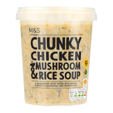 M&S chunky chicken mushroom and rice soup 600g, imported from the UK