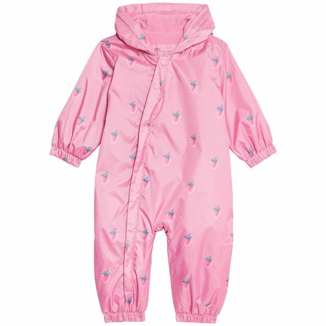 M&S girls strawberry hooded puddlesuit pink 6-9 months, imported from the UK