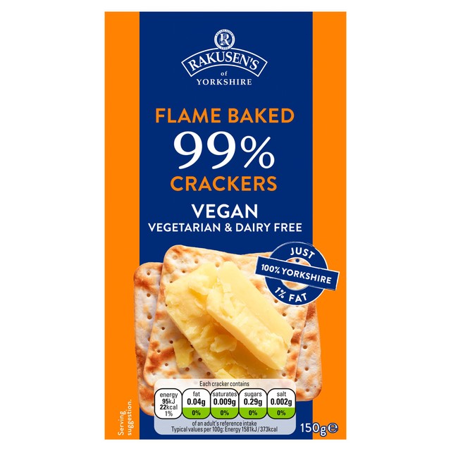 Rakusen's 99% fat free crackers 150g, imported from the UK