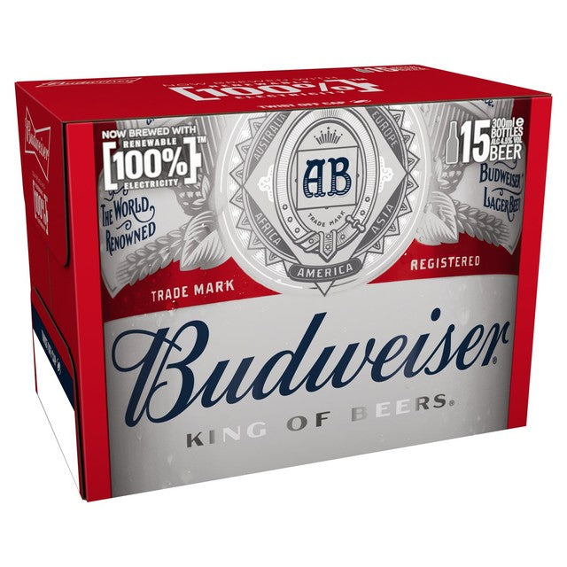 Budweiser lager beer bottles 15 x 300ml - British product