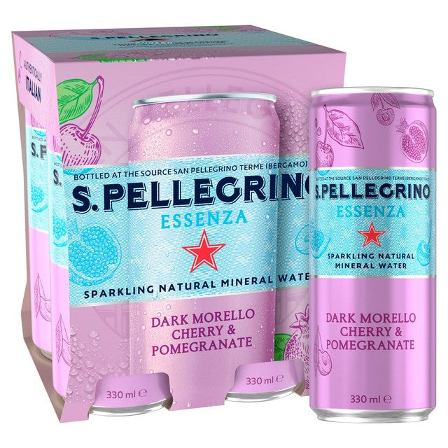 San Pellegrino Essenza cherry and pomegranate flavoured sparkling water 4 x 330ml cans (British brand)