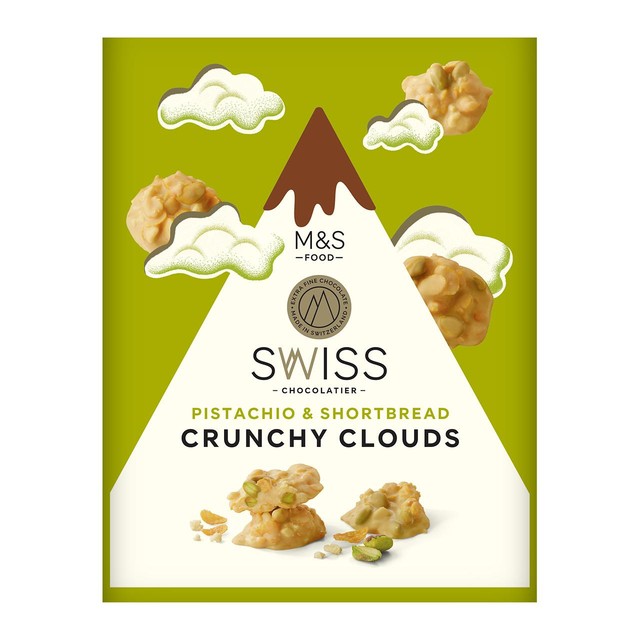 M&S Swiss Clouds pistachio shortbread white chocolate 140g, imported from the UK