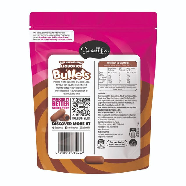 Darrell Lea milk chocolate liquorice bullets 204g - British product
