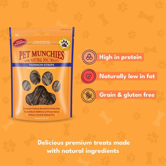 Pet Munchies venison strips dog treats 75g, imported from the UK
