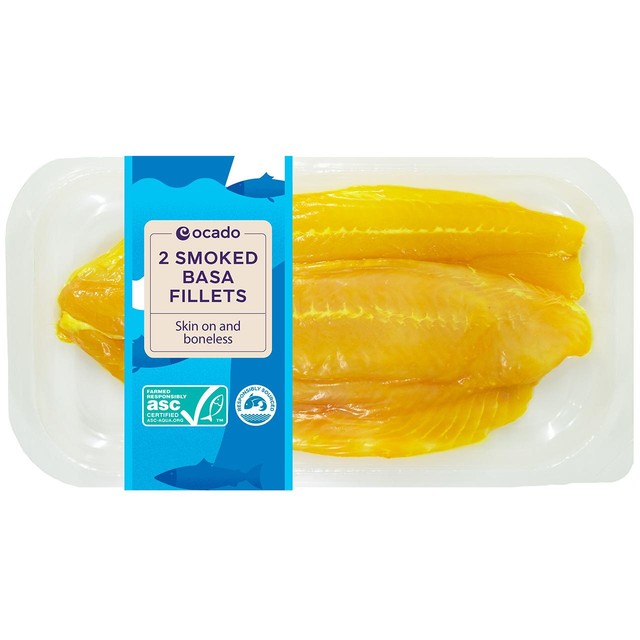Ocado smoked basa fillets skinless and boneless 240g, imported from the UK