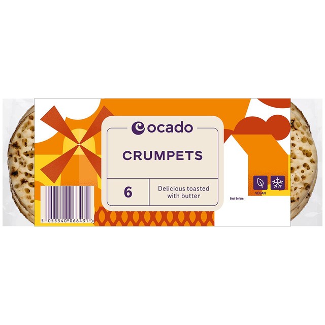 Ocado crumpets 6 per pack, imported from the UK