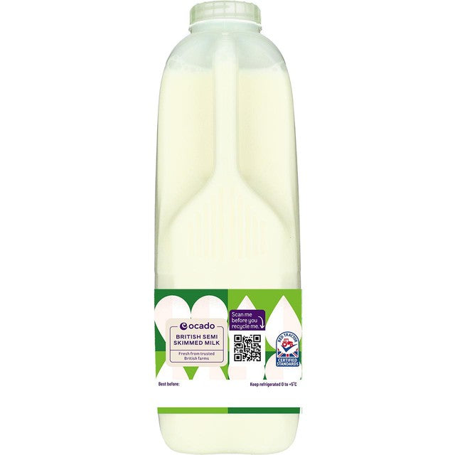 Ocado semi skimmed milk 2 pints, imported from the UK