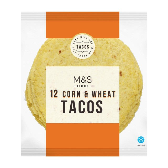 M&S corn and wheat tacos 12 mini tortilla wraps, imported from the UK