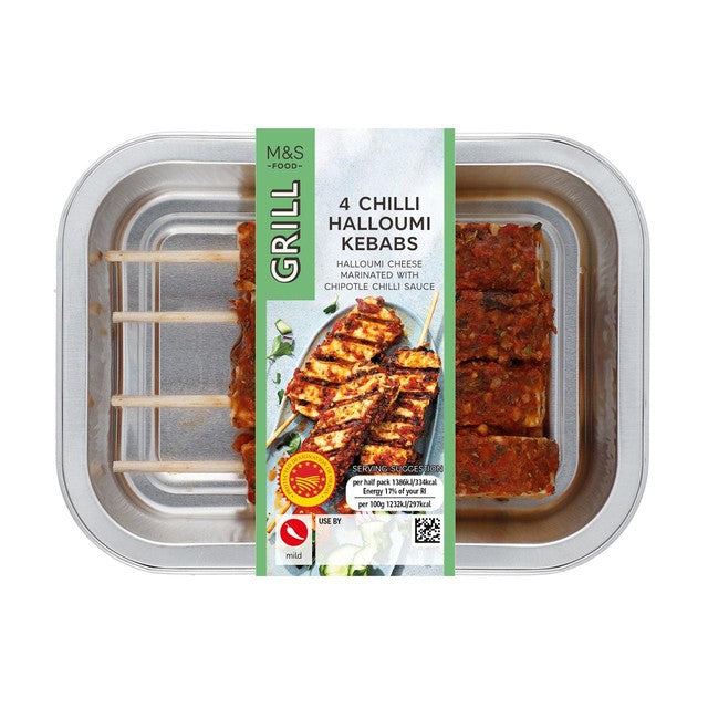 M&S chilli halloumi kebabs 225g, imported from the UK