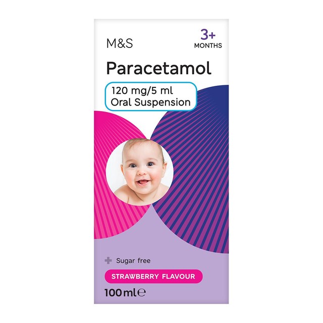 M&S strawberry paracetamol suspension 100ml, imported from the UK