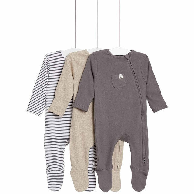 M&S Cotton Striped Plain Sleepsuit Grey 6-9 Months, imported from the UK