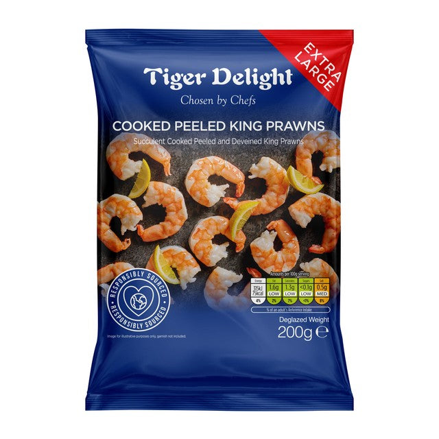 Tiger Delight extra large cooked peeled king prawns 200g (British brand)