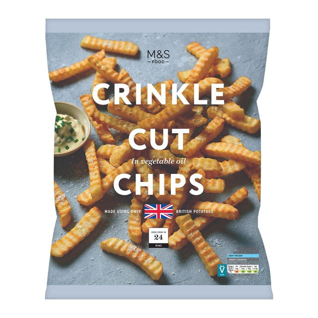 M&S crinkle cut frozen chips 1kg, imported from the UK