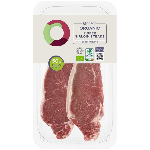 Ocado organic beef sirloin steaks 425g, imported from the UK