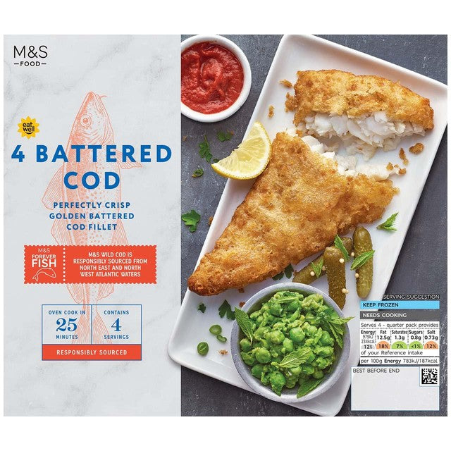 M&S battered cod fillets frozen 500g, imported from the UK