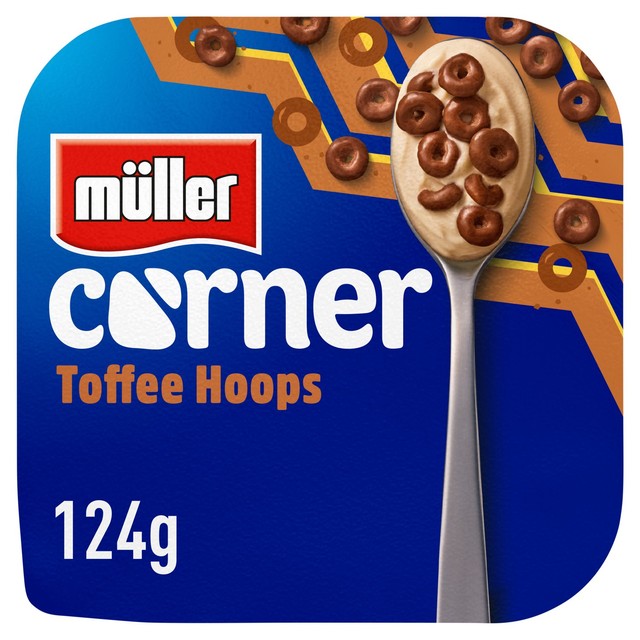 Muller Corner toffee yogurt with chocolate hoops 124g, imported from the UK