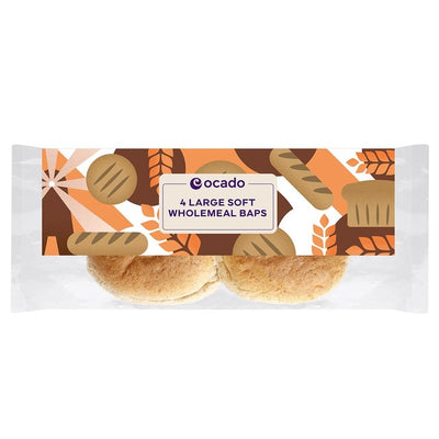Ocado Large Soft Wholemeal Baps Bread Rolls 4 Pack