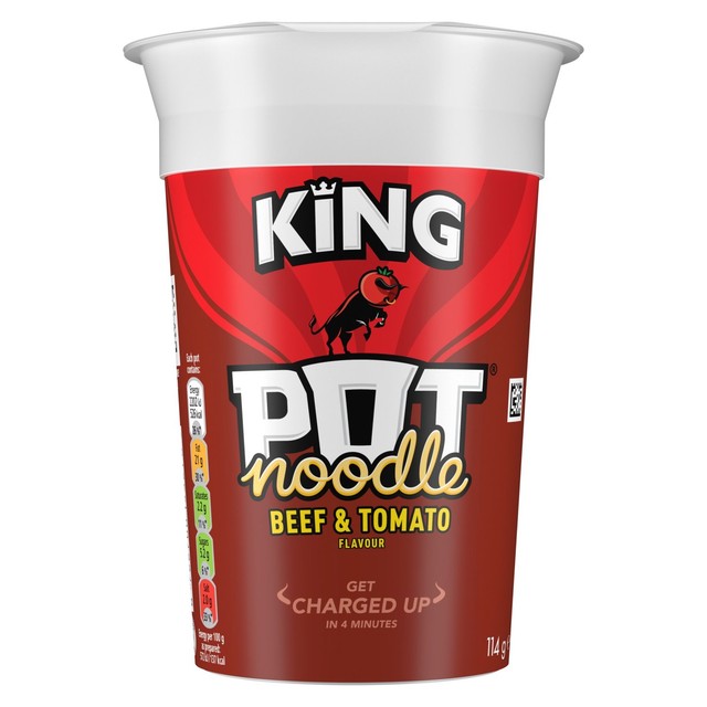 Pot Noodle King Beef Tomato 114g, imported from the UK