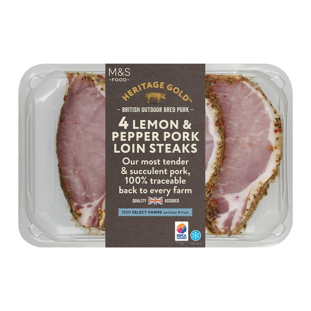 M&S pork loin steaks lemon and pepper 512g, imported from the UK
