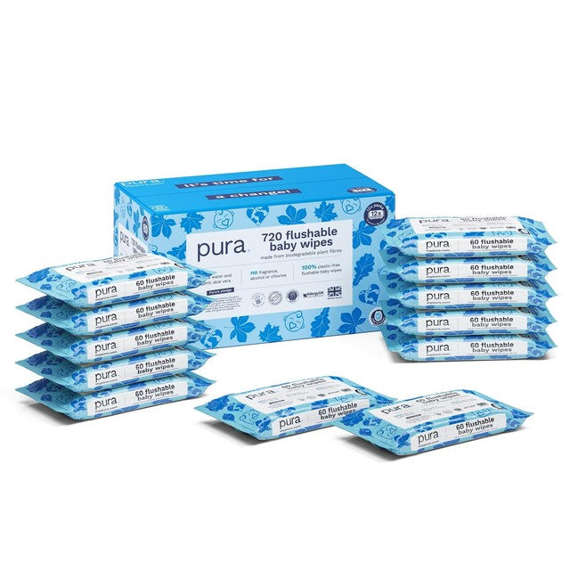 Pura plastic free flushable baby wipes 12 x 60 packs, imported from the UK