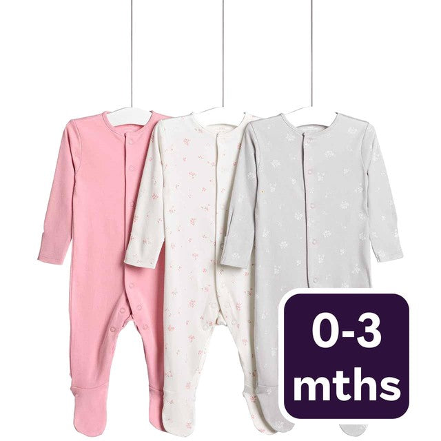 M&S pink floral sleepsuits size 0-3 months, imported from the UK