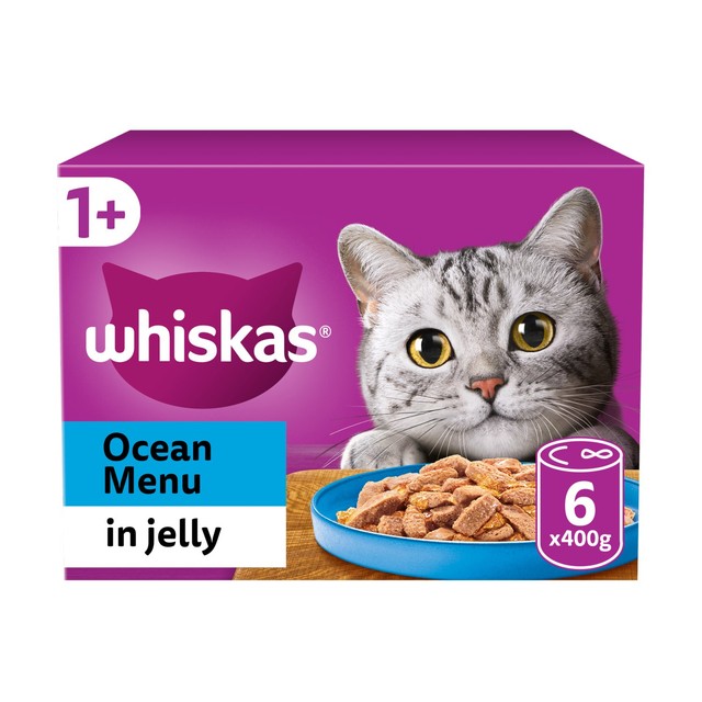 Whiskas wet cat food ocean menu in jelly 6 x 400g tins (British brand)