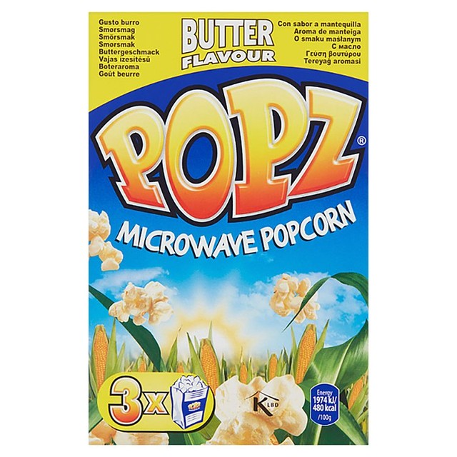 Popz butter microwave popcorn 3 x 90g, imported from the UK