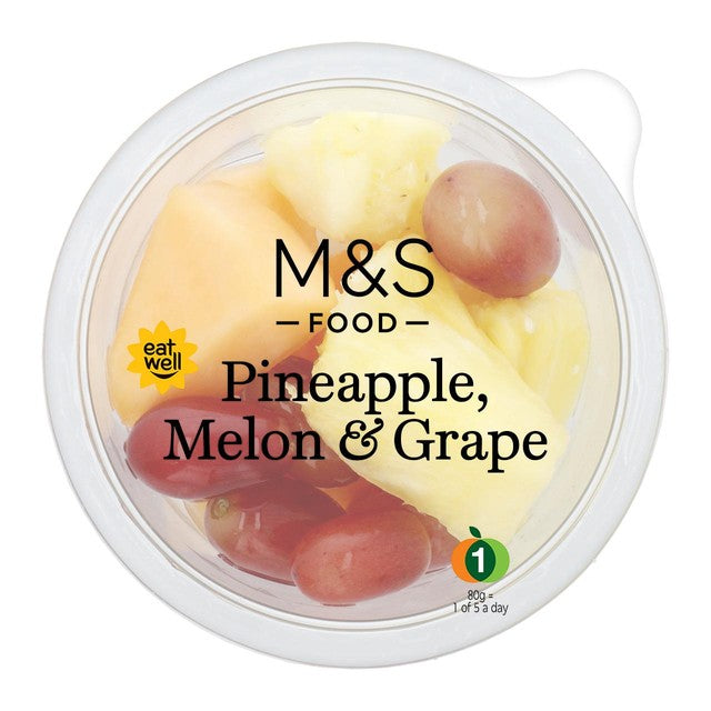 M&S fruit mix with pineapple, melon, and grapes 130g, imported from the UK