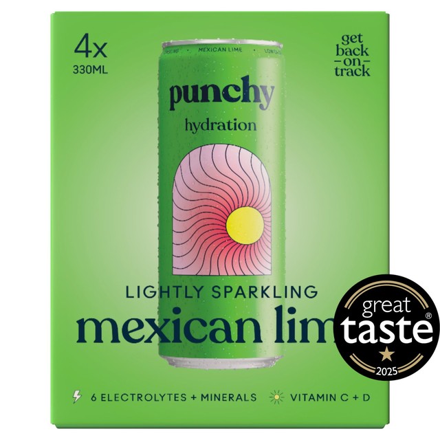 Punchy Mexican Lime sparkling hydration drink 4 x 330ml, imported from the UK