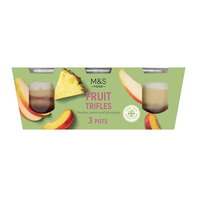 M&S fruit trifles with peaches and pineapple 405g, imported from the UK