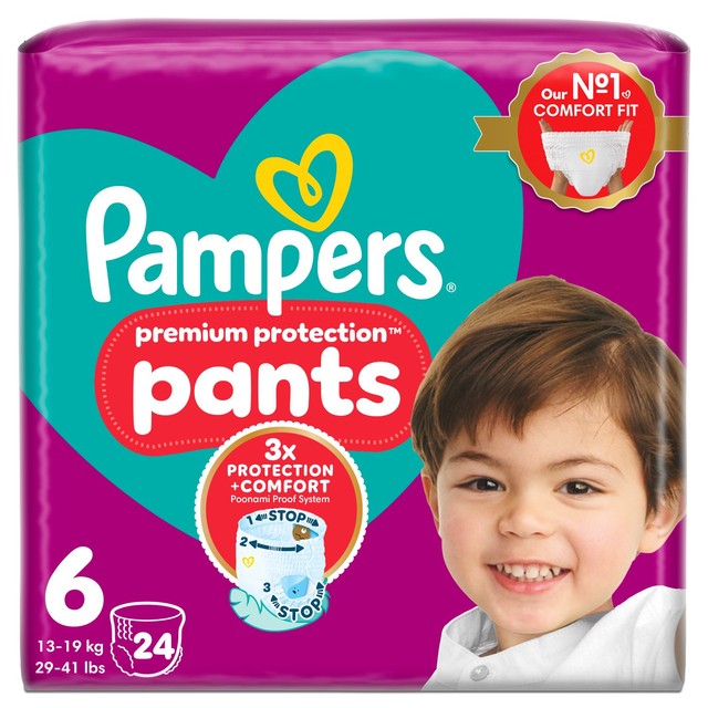 Pampers Premium Protection nappy pants size 6 (15kg+), imported from the UK