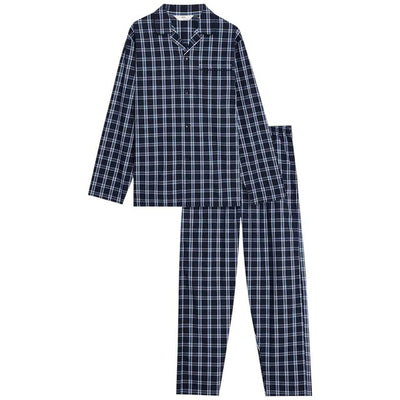 M&S Mens Pure Cotton Checked Pyjama Set Navy Size S